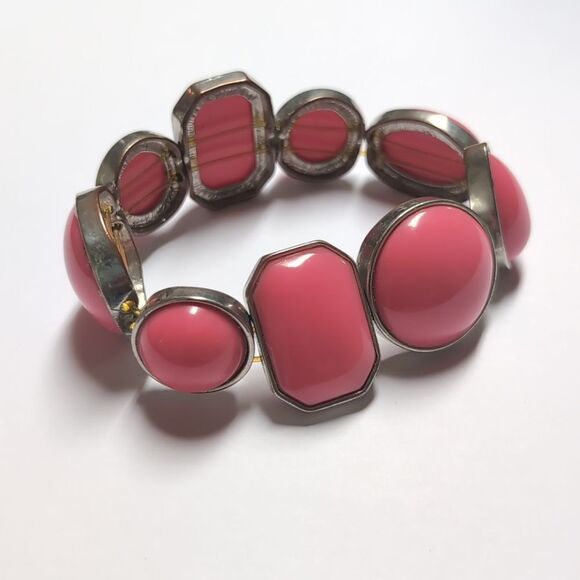 218 Silver with Pink‎ Stones Geometric Shapes Link Bracelet - Picture 5 of 5